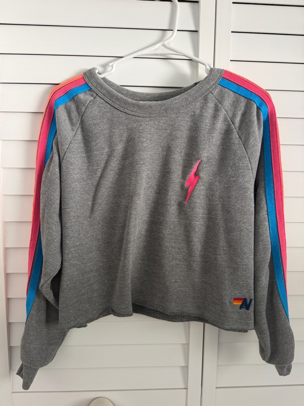 Aviator Nation Gray Cropped Sweatshirt with Pink & Blue Stripes